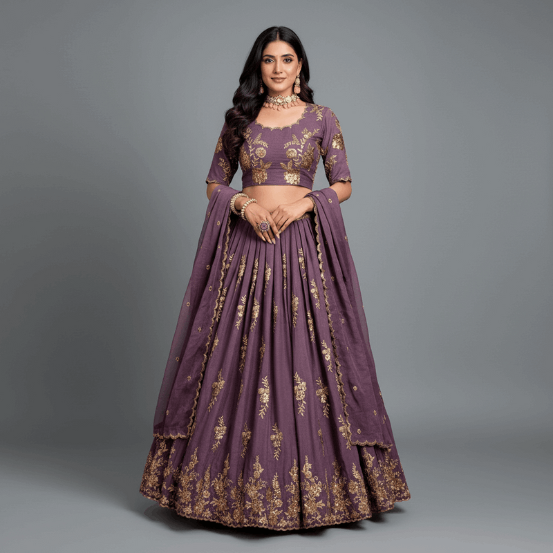 Lavender lehenga choli set with gold sequin and zari floral embroidery, long sleeves