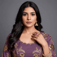 Lavender choli top with gold sequin floral embroidery and scalloped neckline