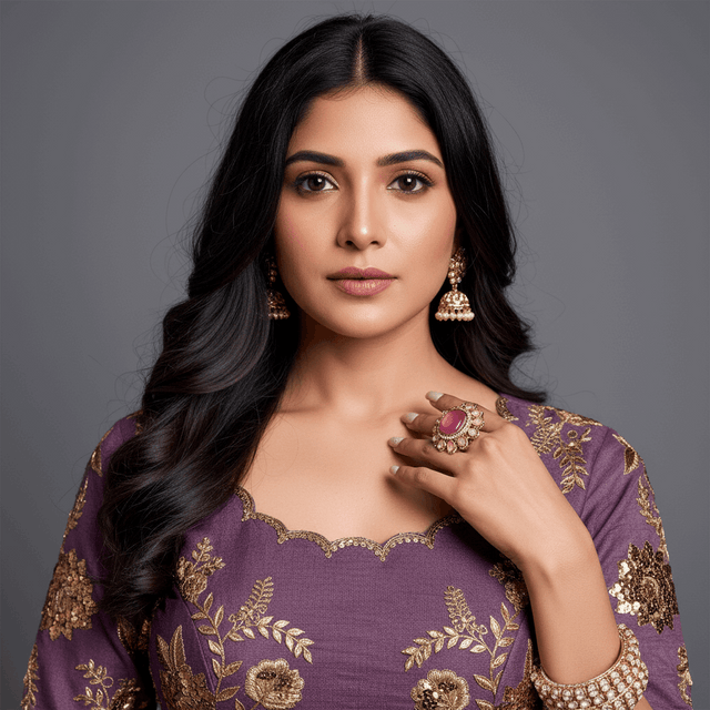 Lavender embroidered blouse with gold floral zari, paired with lehenga skirt