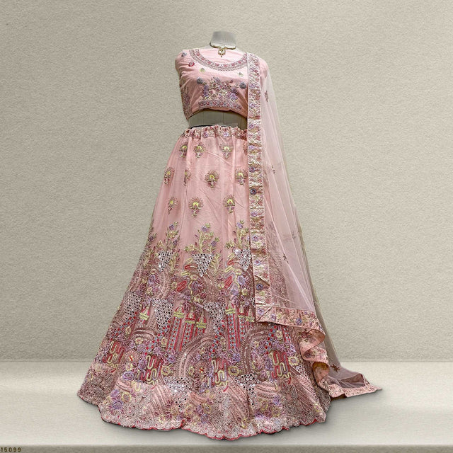 Pink embroidered lehenga set with blouse and sheer dupatta, floral and sequin detail
