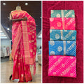 JMS_Studio art silk Banarsi saree in rani pink with golden woven borders and motifs