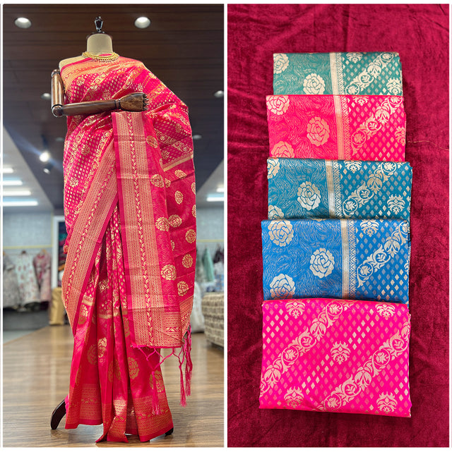 JMS_Studio art silk Banarsi saree in rani pink with golden woven borders and motifs