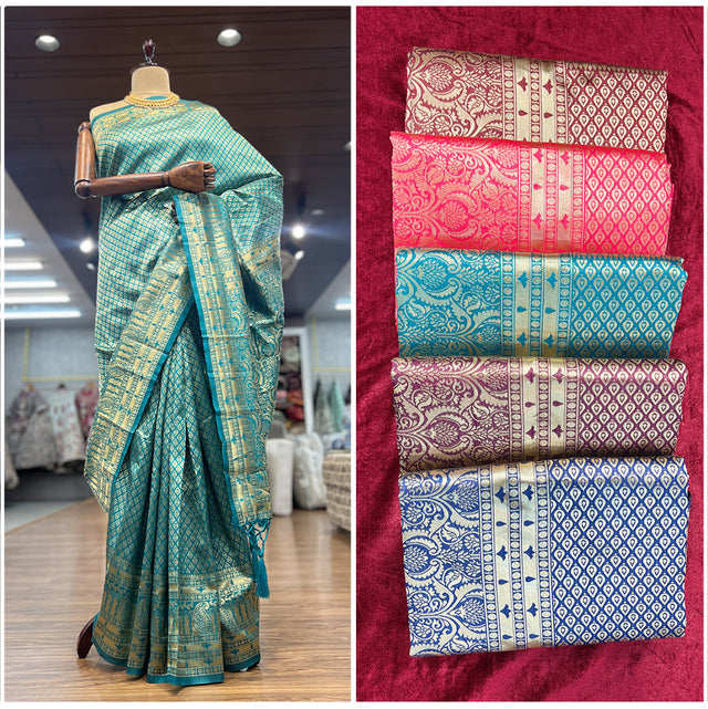 Art silk saree in teal with golden woven border and patterned pallu; draped on mannequin