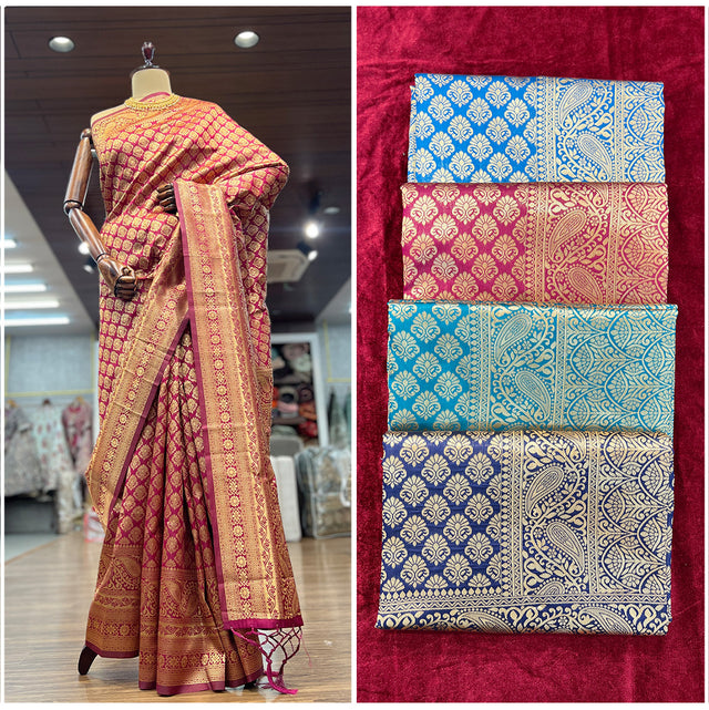 Maroon art silk Banarsi saree with golden woven motifs and zari border
