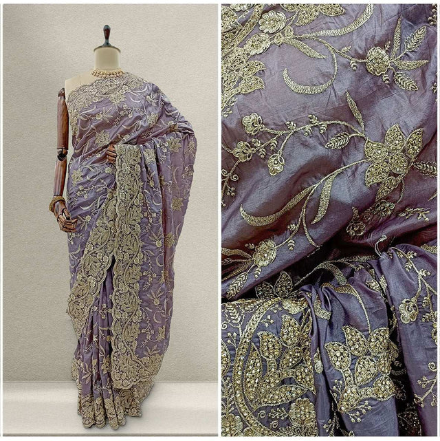 Silk party saree, purple with gold floral embroidery and stone work