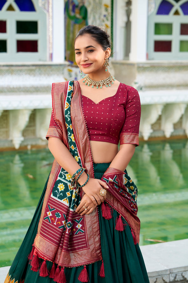 Doli - Tussar Silk Patola Print with Foil Work Green Lehenga Choli Set - JMS Studio
