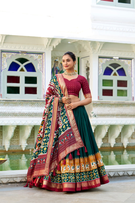 Doli - Tussar Silk Patola Print with Foil Work Green Lehenga Choli Set - JMS Studio