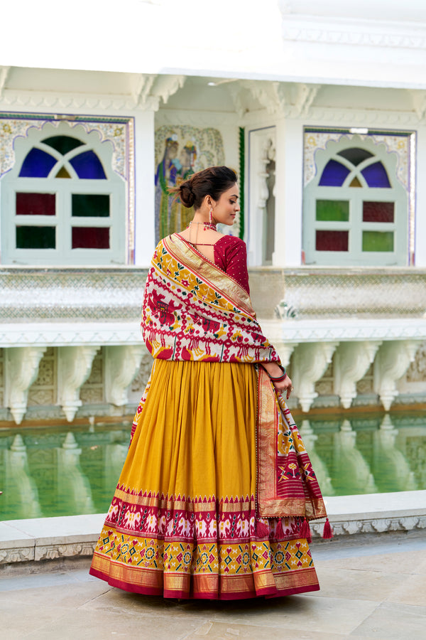 Doli - Tussar Silk Patola Print with Foil Work Mustard Lehenga Choli Set - JMS Studio