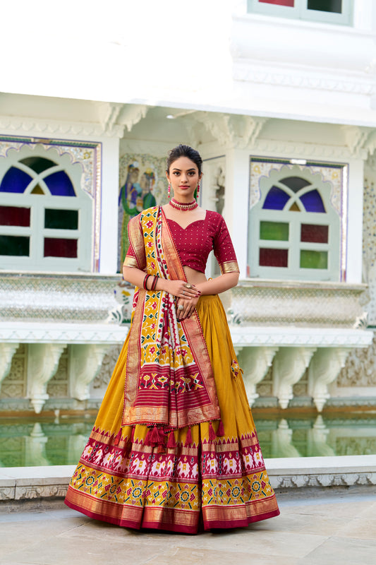 Doli - Tussar Silk Patola Print with Foil Work Mustard Lehenga Choli Set - JMS Studio