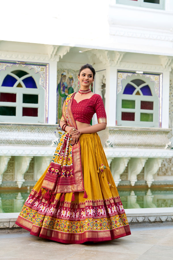 Doli - Tussar Silk Patola Print with Foil Work Mustard Lehenga Choli Set - JMS Studio