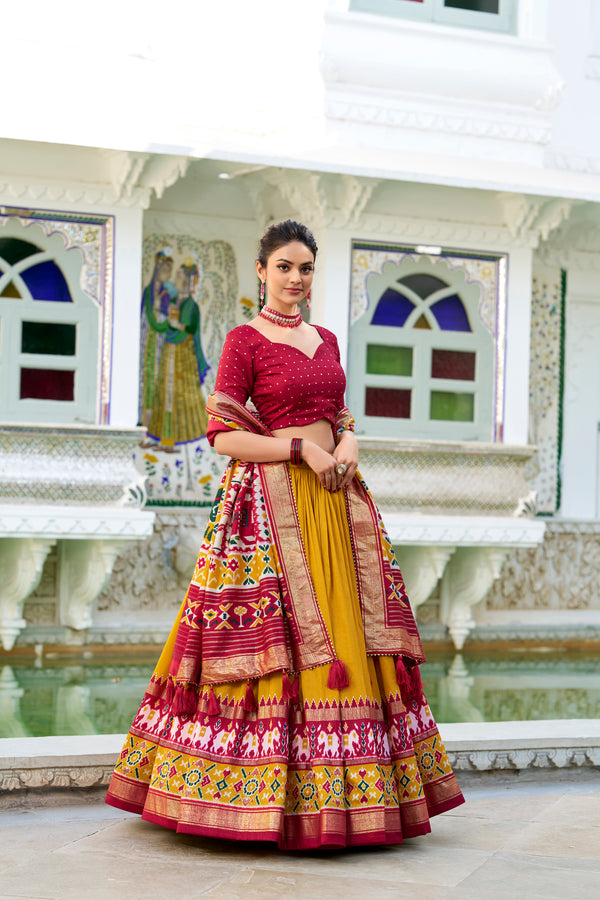 Doli - Tussar Silk Patola Print with Foil Work Mustard Lehenga Choli Set - JMS Studio