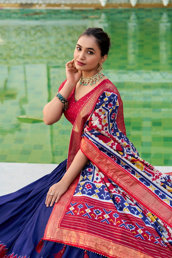 Doli - Tussar Silk Patola Print with Foil Work Navy Blue Lehenga Choli Set - JMS Studio