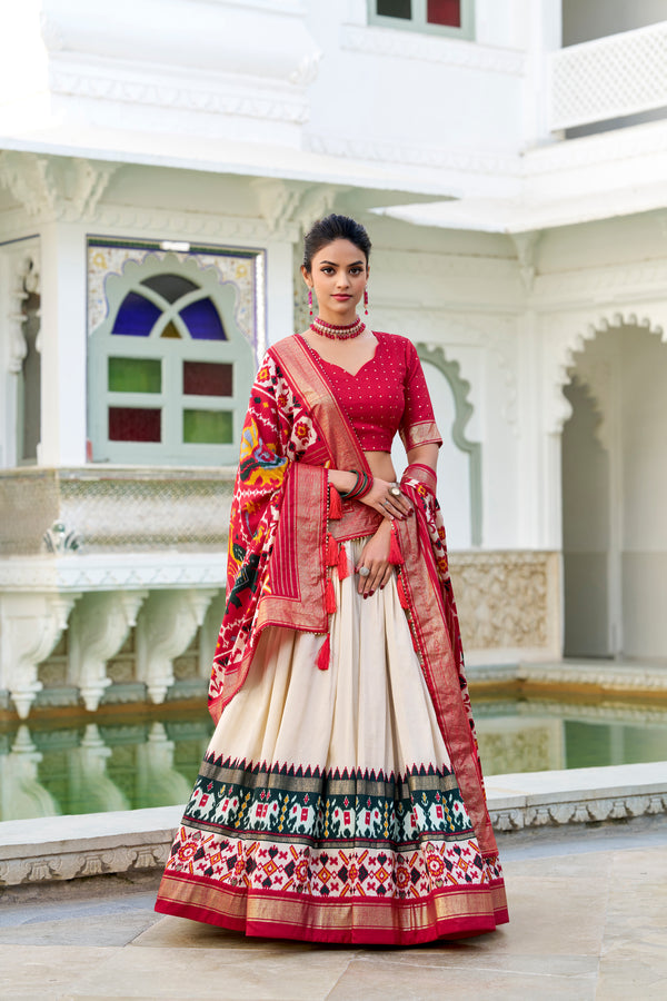 Doli - Tussar Silk Patola Print with Foil Work Off White Lehenga Choli Set - JMS Studio