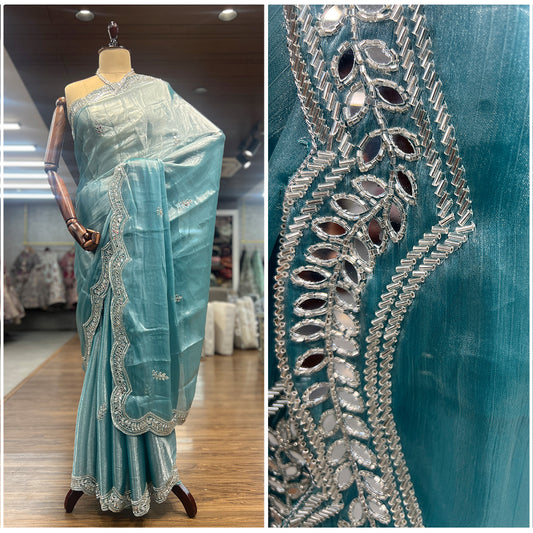 JMS_Studio Designer Handwork Jimmy Choo Powder Blue Mirrorwork Saree
