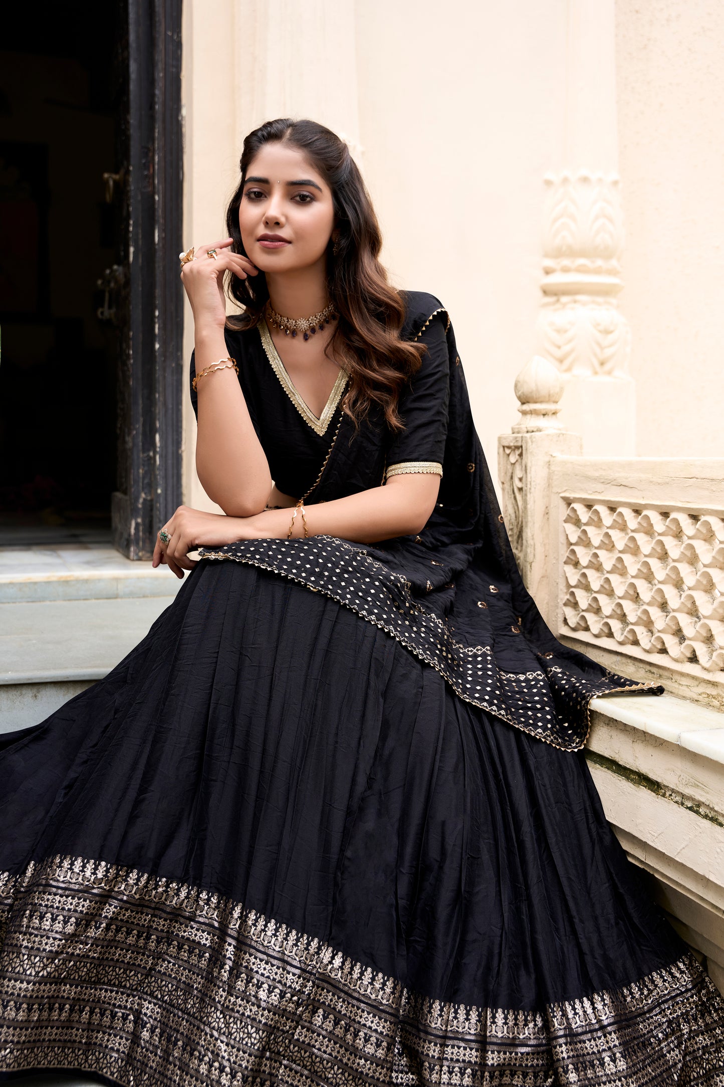 Doli - Plain With Weaving And Intricate Zari Work Border Black Lehenga Choli set - JMS Studio