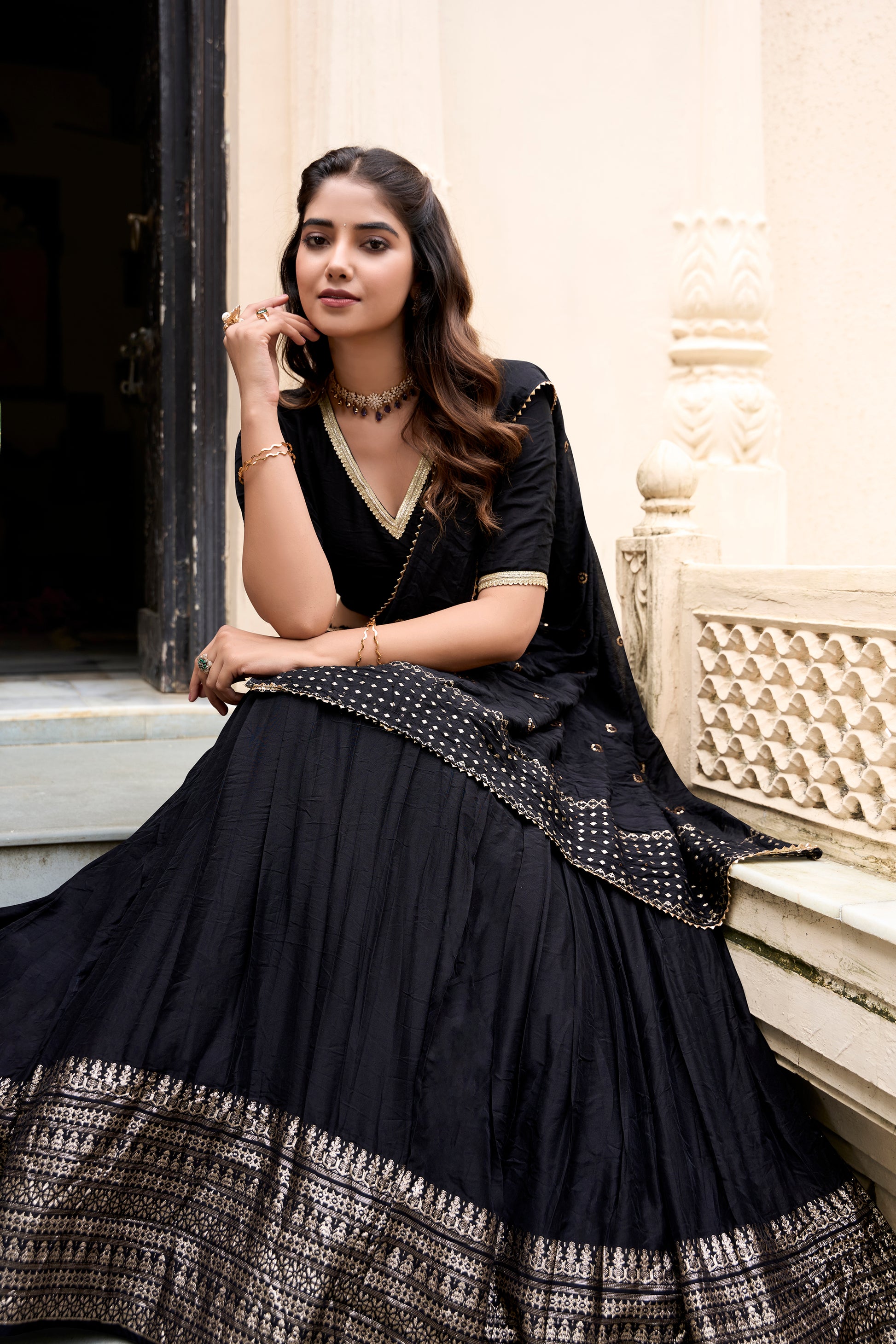 Doli - Plain With Weaving And Intricate Zari Work Border Black Lehenga Choli set - JMS Studio
