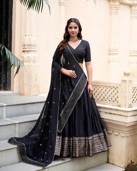 Doli - Plain With Weaving And Intricate Zari Work Border Black Lehenga Choli set - JMS Studio