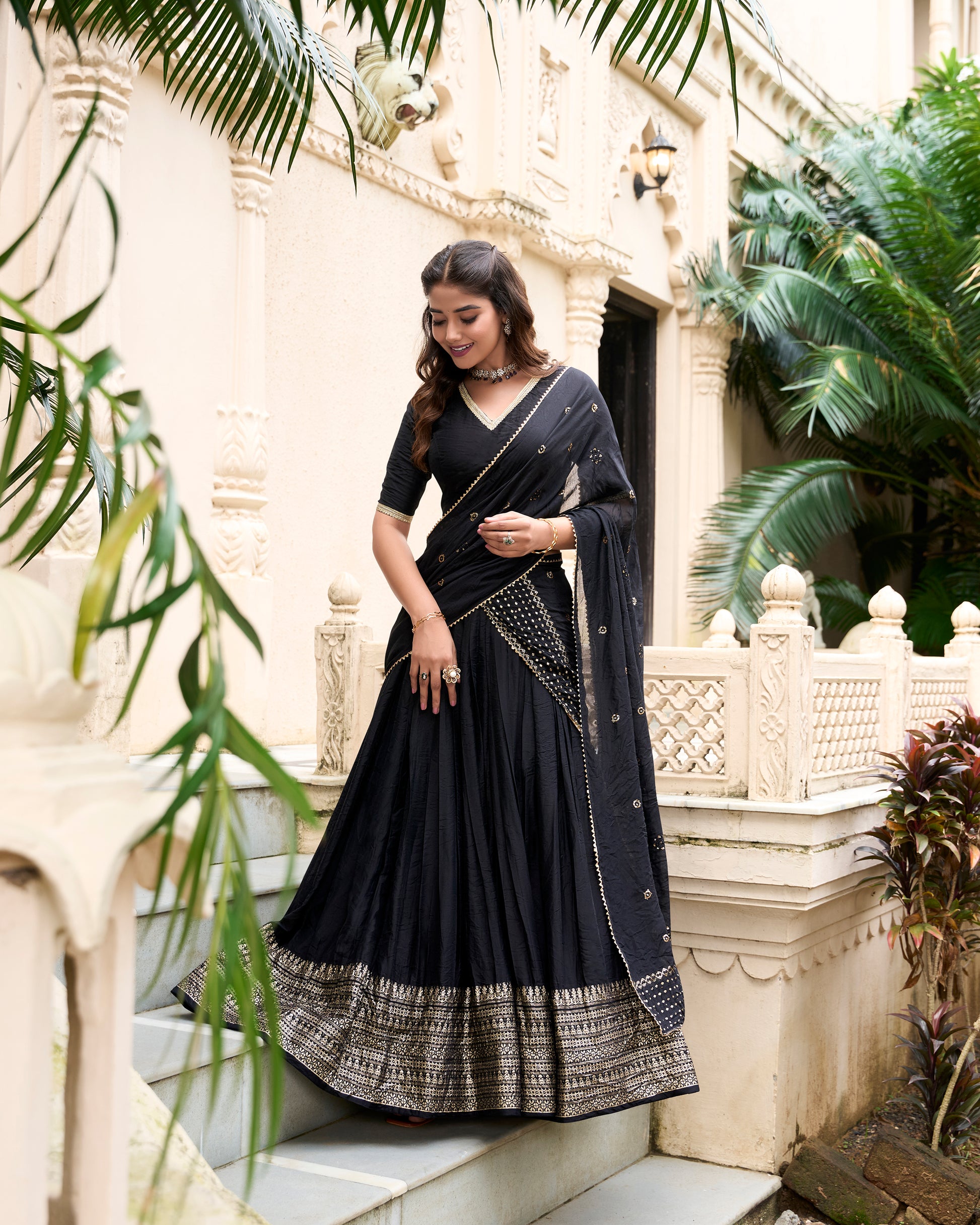 Doli - Plain With Weaving And Intricate Zari Work Border Black Lehenga Choli set - JMS Studio