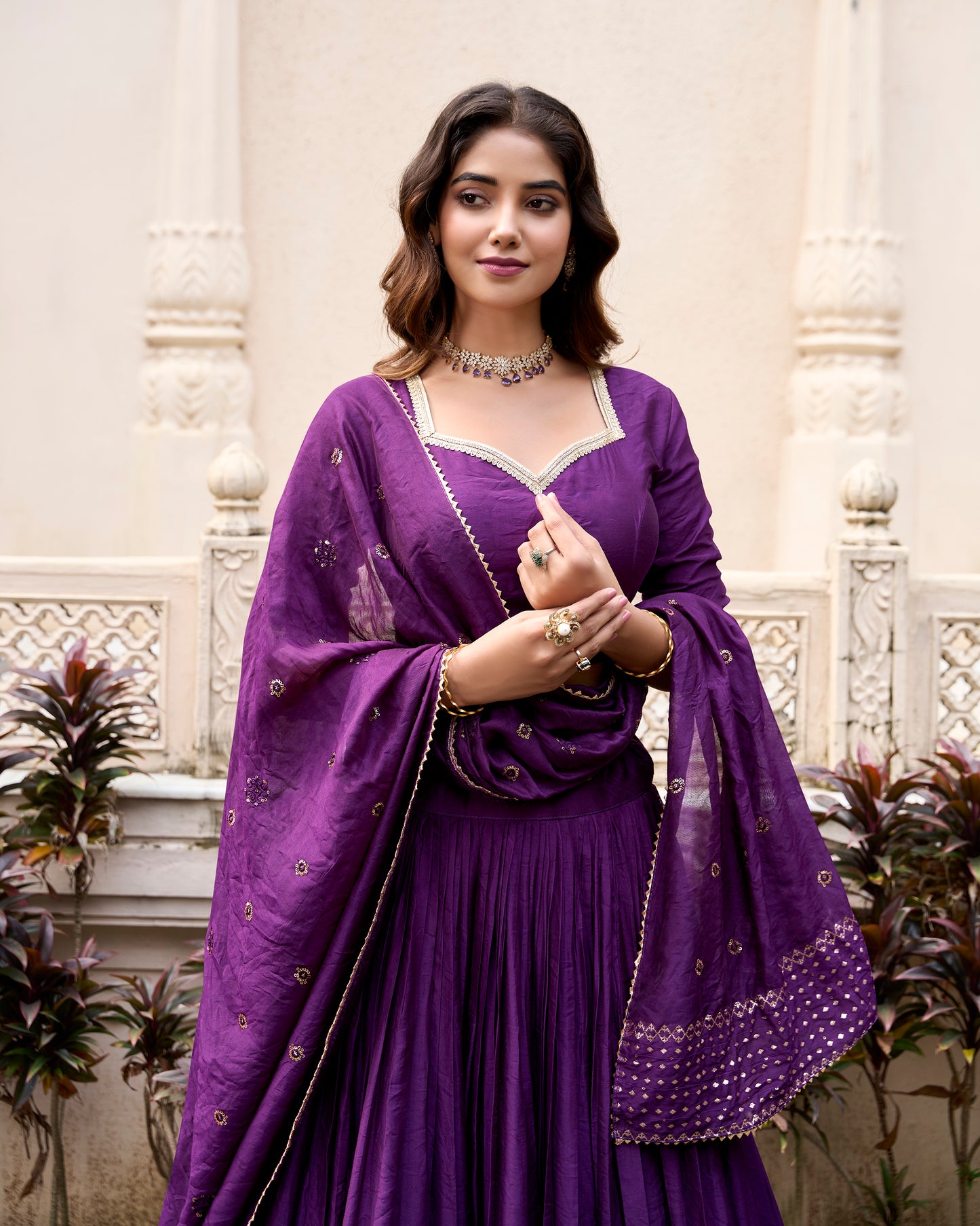 Doli - Plain With Weaving And Intricate Zari Work Border Dark Purple Lehenga Choli - JMS Studio