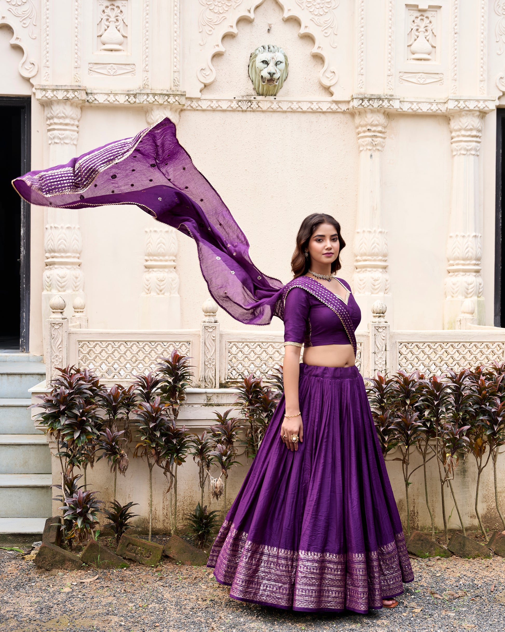 Doli - Plain With Weaving And Intricate Zari Work Border Dark Purple Lehenga Choli - JMS Studio
