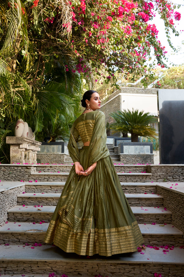 Doli - Plain With Weaving And Intricate Zari Work Border Mehndi Lehenga Choli - JMS Studio