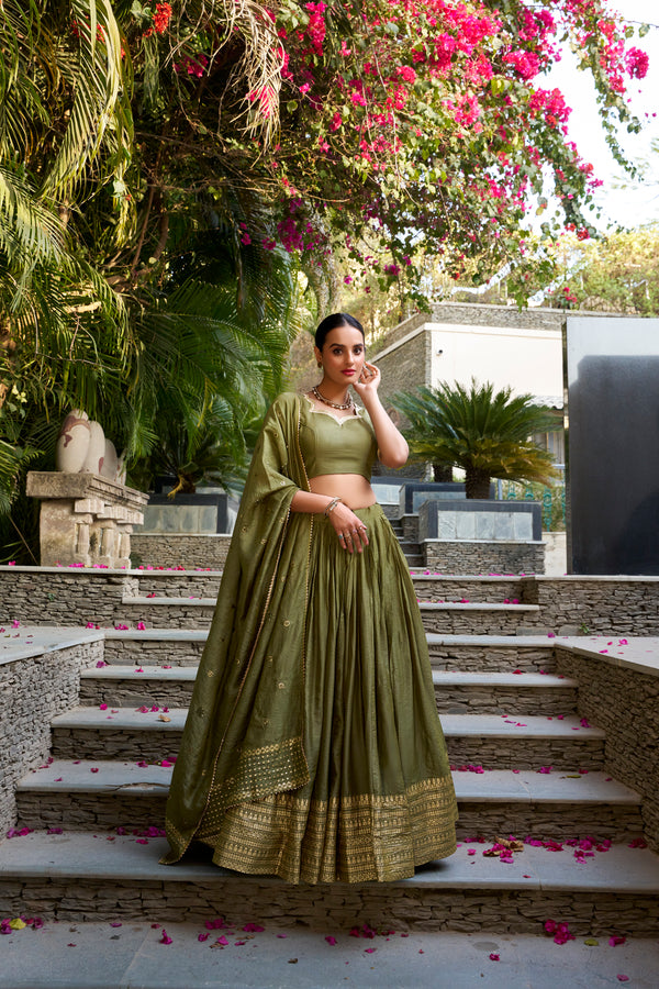 Doli - Plain With Weaving And Intricate Zari Work Border Mehndi Lehenga Choli - JMS Studio