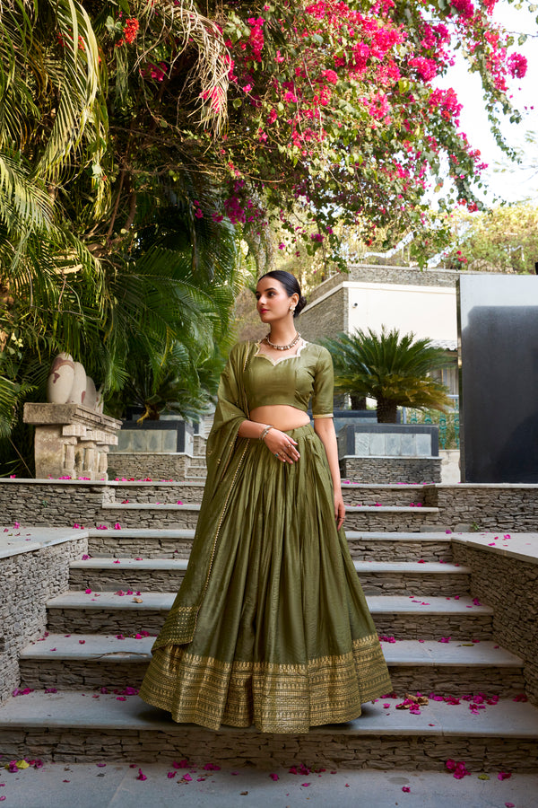 Doli - Plain With Weaving And Intricate Zari Work Border Mehndi Lehenga Choli - JMS Studio