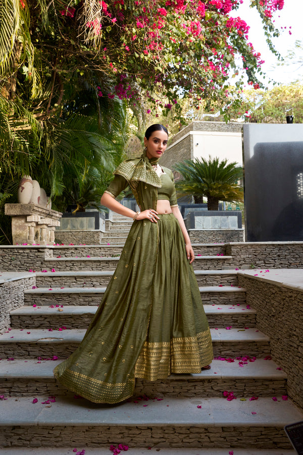 Doli - Plain With Weaving And Intricate Zari Work Border Mehndi Lehenga Choli - JMS Studio
