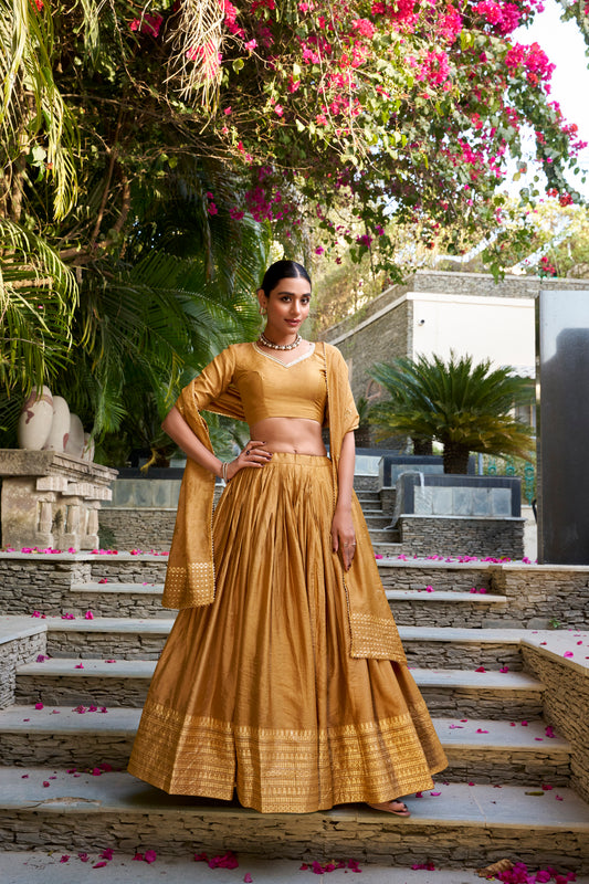 Doli - Plain With Weaving And Intricate Zari Work Border Mustard Lehenga Choli - JMS Studio