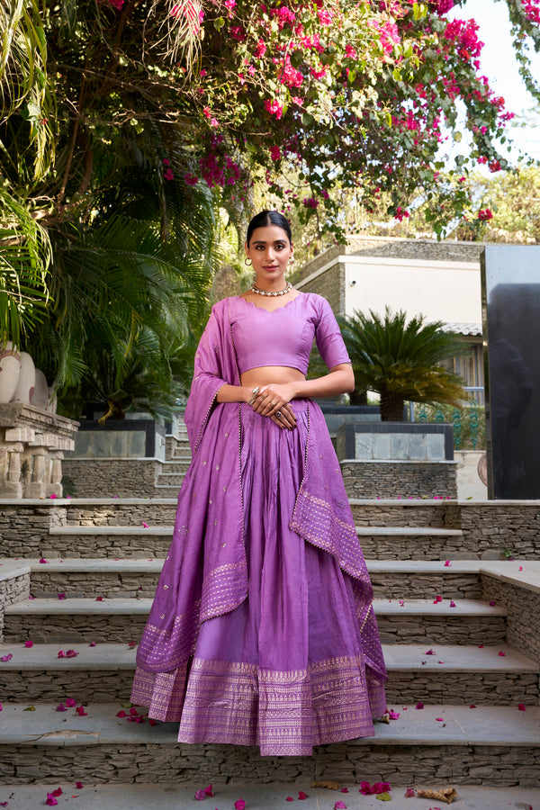 Doli - Plain With Weaving And Intricate Zari Work Border Purple Lehenga Choli - JMS Studio