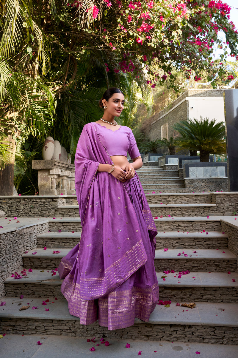 Doli - Plain With Weaving And Intricate Zari Work Border Purple Lehenga Choli - JMS Studio