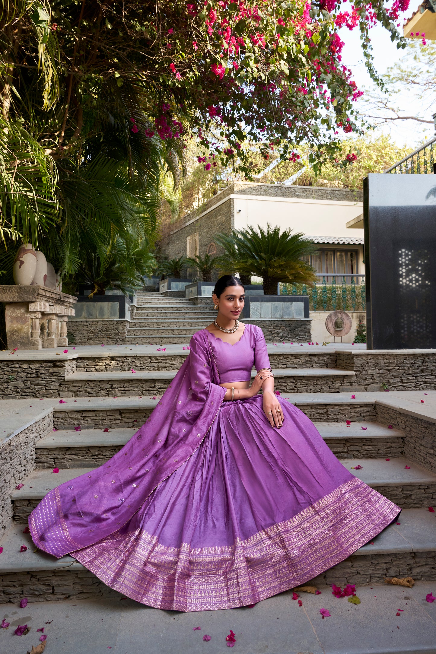 Doli - Plain With Weaving And Intricate Zari Work Border Purple Lehenga Choli - JMS Studio