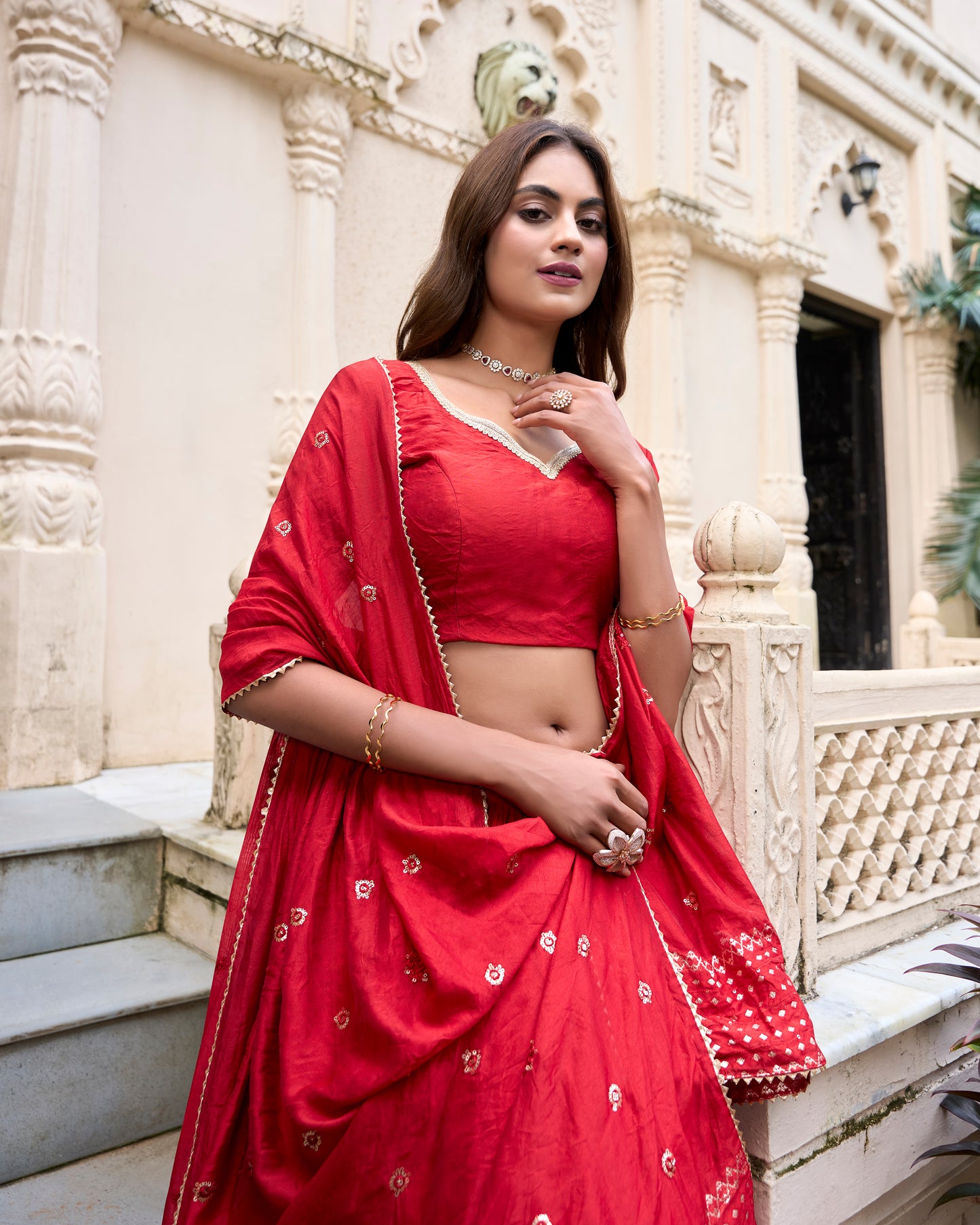 Doli - Plain With Weaving And Intricate Zari Work Border Red Lehenga Choli - JMS Studio