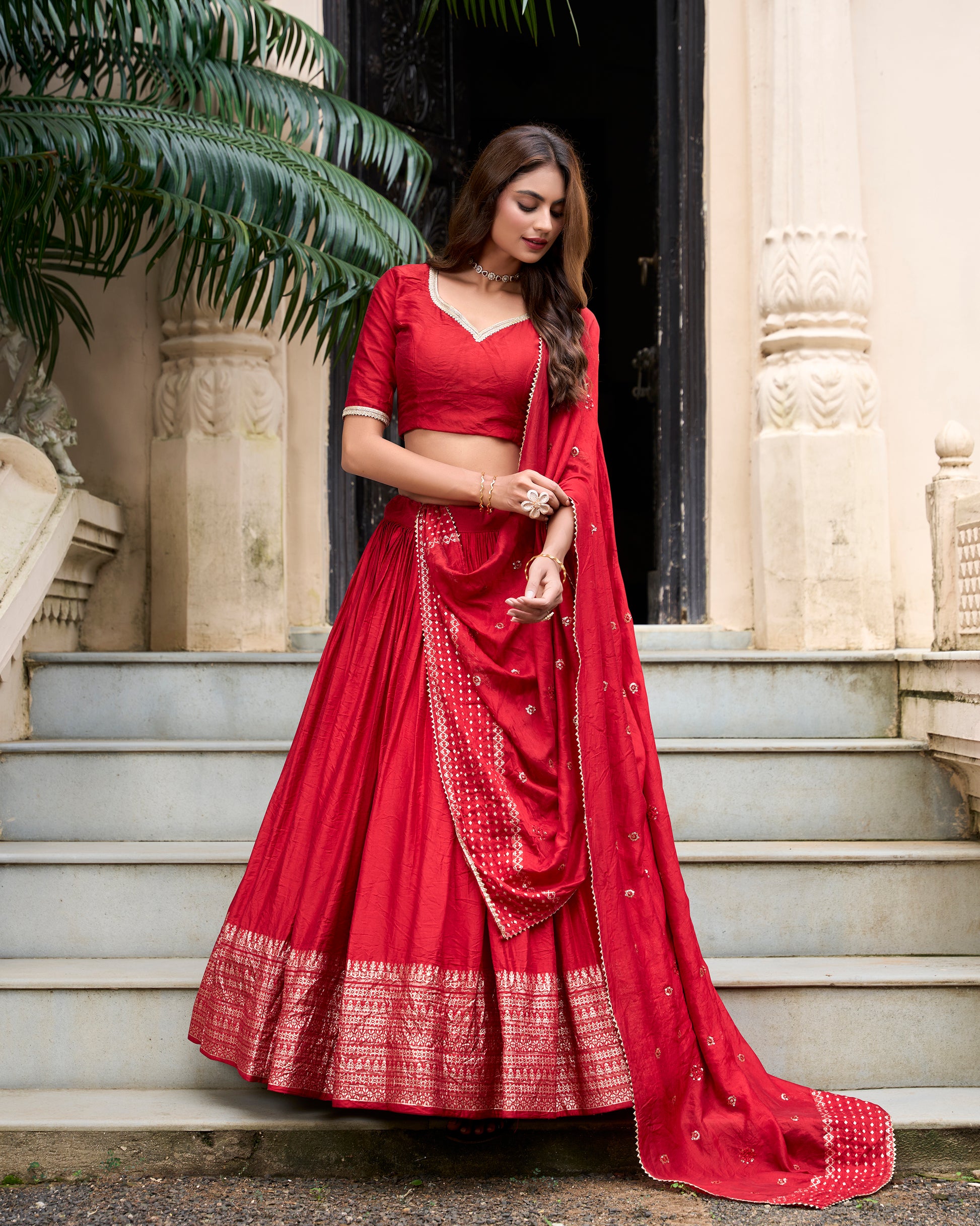 Doli - Plain With Weaving And Intricate Zari Work Border Red Lehenga Choli - JMS Studio