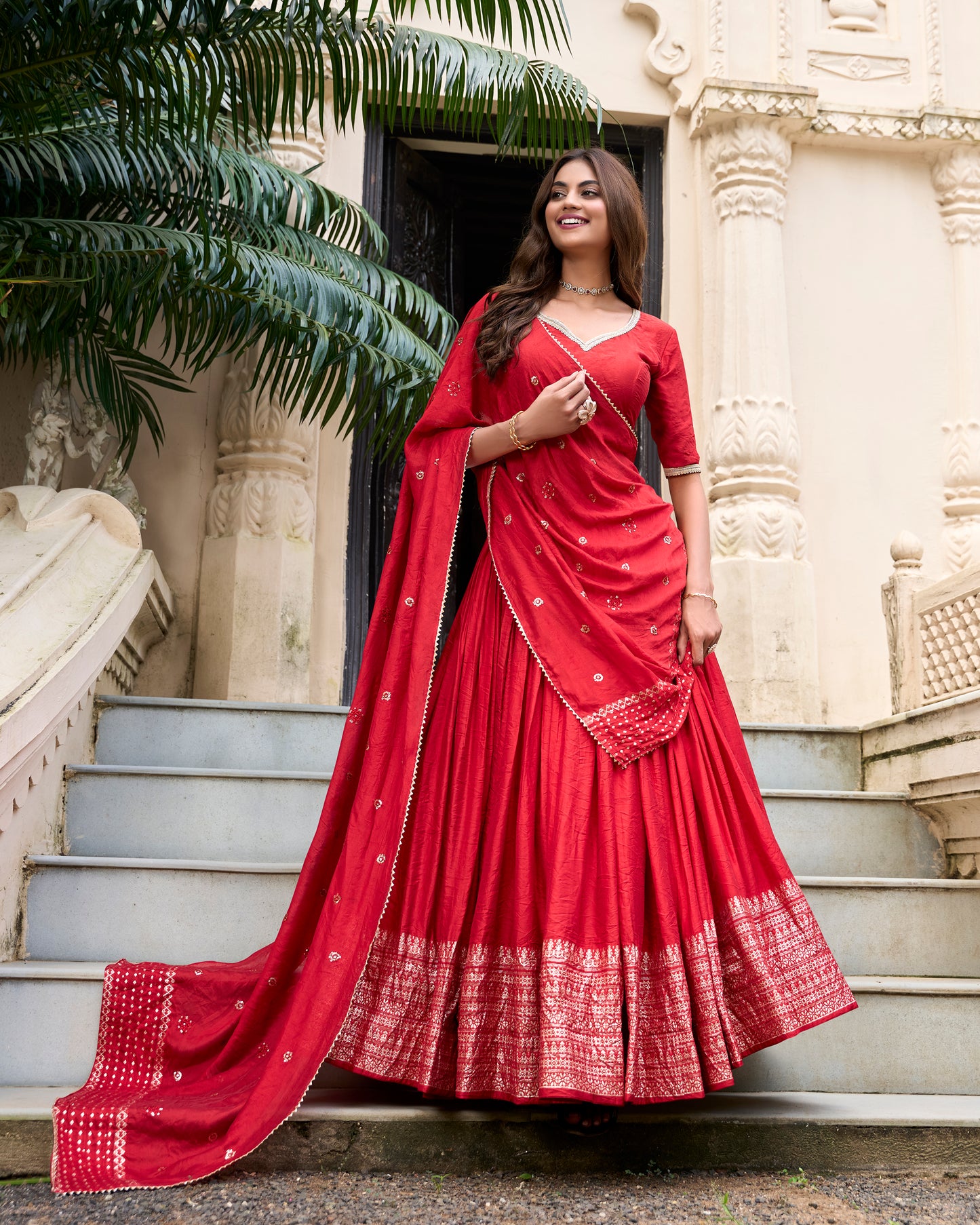 Doli - Plain With Weaving And Intricate Zari Work Border Red Lehenga Choli - JMS Studio