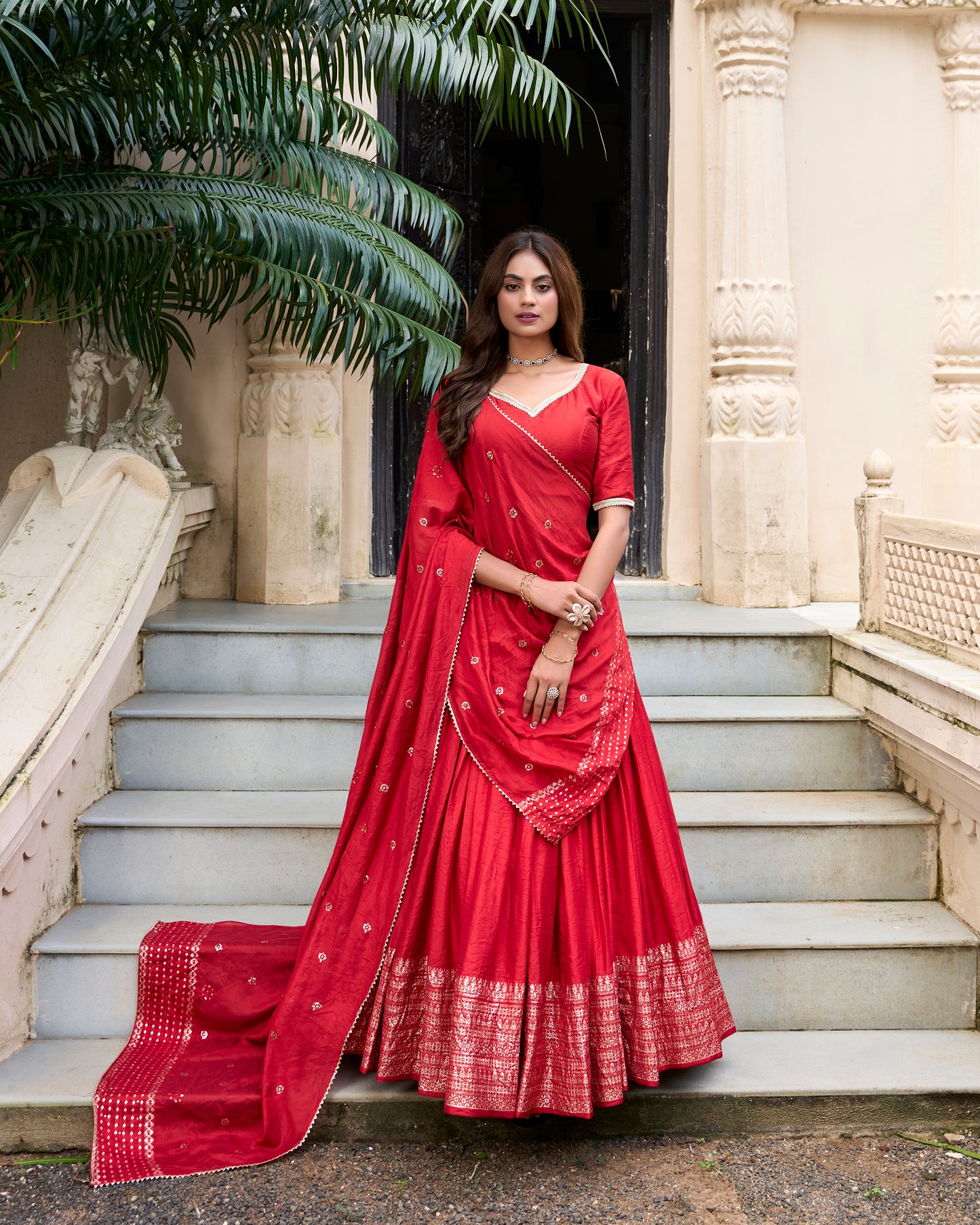 Doli - Plain With Weaving And Intricate Zari Work Border Red Lehenga Choli - JMS Studio