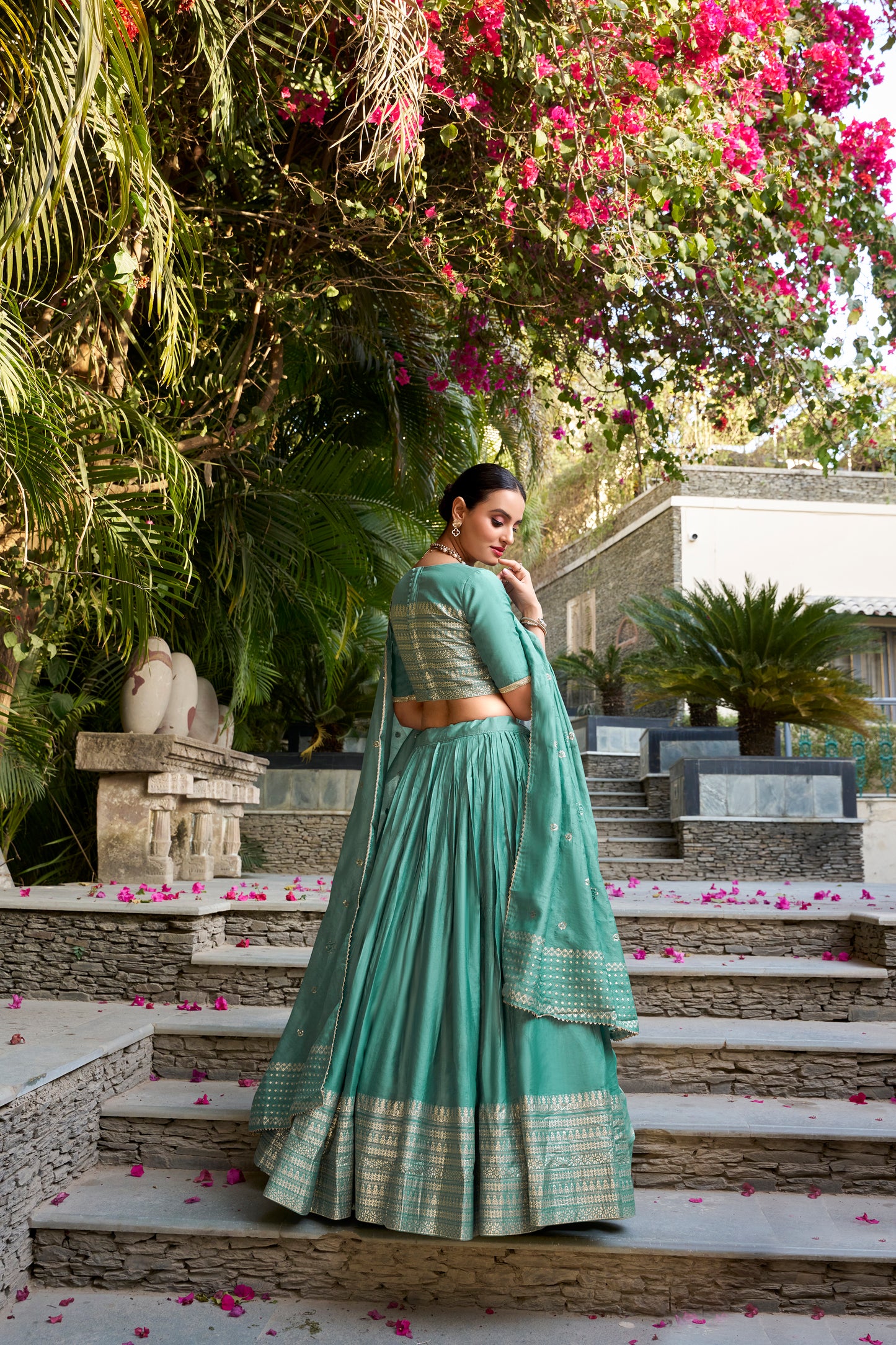 Doli - Plain With Weaving And Intricate Zari Work Border Teal Blue Lehenga Choli - JMS Studio