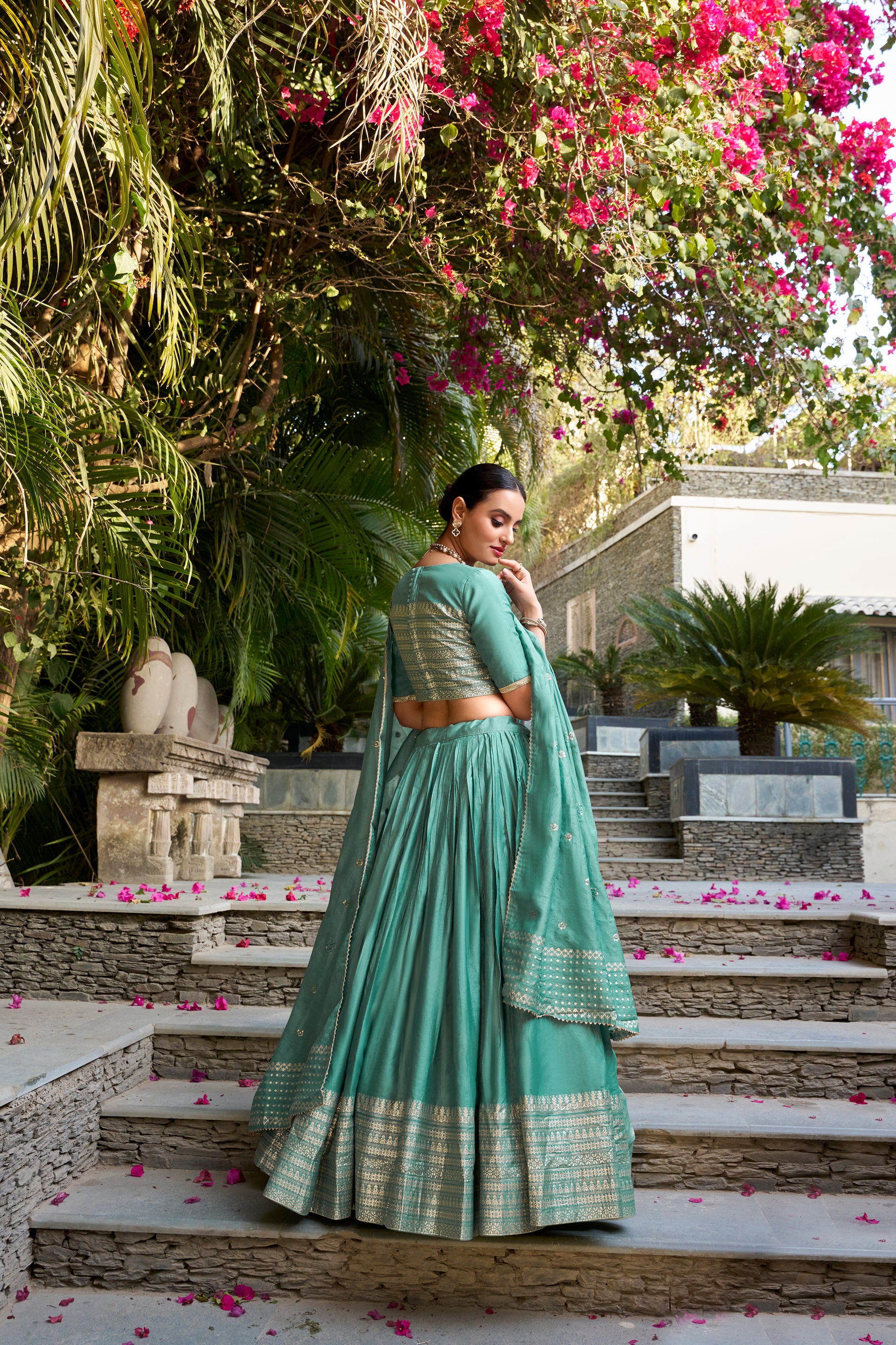 Doli - Plain With Weaving And Intricate Zari Work Border Teal Blue Lehenga Choli - JMS Studio