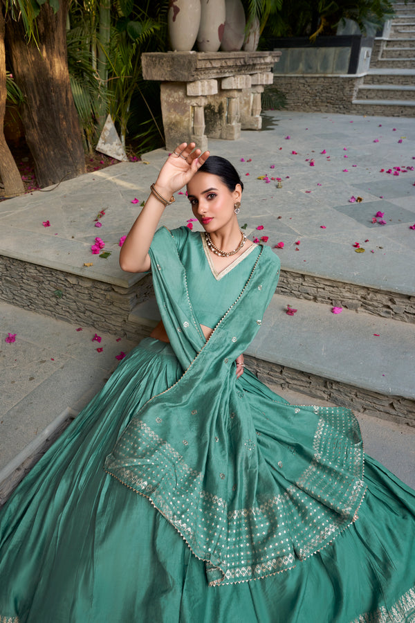 Doli - Plain With Weaving And Intricate Zari Work Border Teal Blue Lehenga Choli - JMS Studio