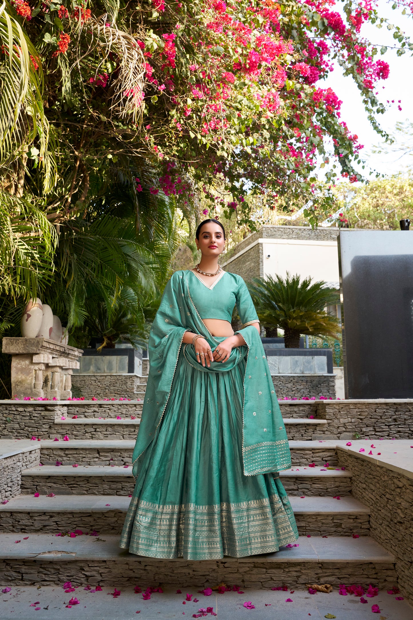 Doli - Plain With Weaving And Intricate Zari Work Border Teal Blue Lehenga Choli - JMS Studio