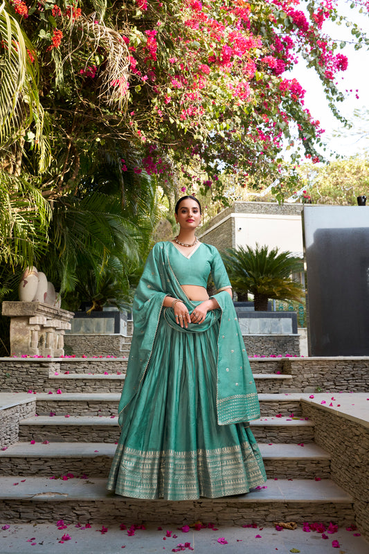 Doli - Plain With Weaving And Intricate Zari Work Border Teal Blue Lehenga Choli - JMS Studio