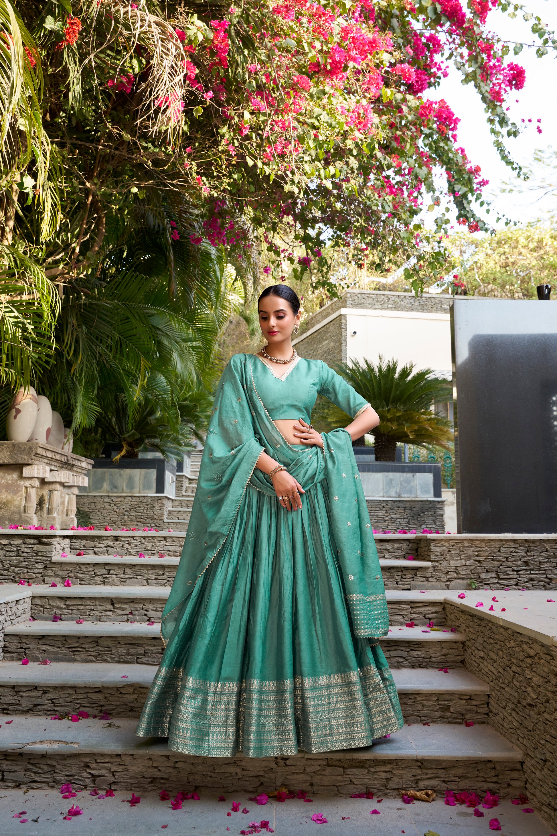 Doli - Plain With Weaving And Intricate Zari Work Border Teal Blue Lehenga Choli - JMS Studio