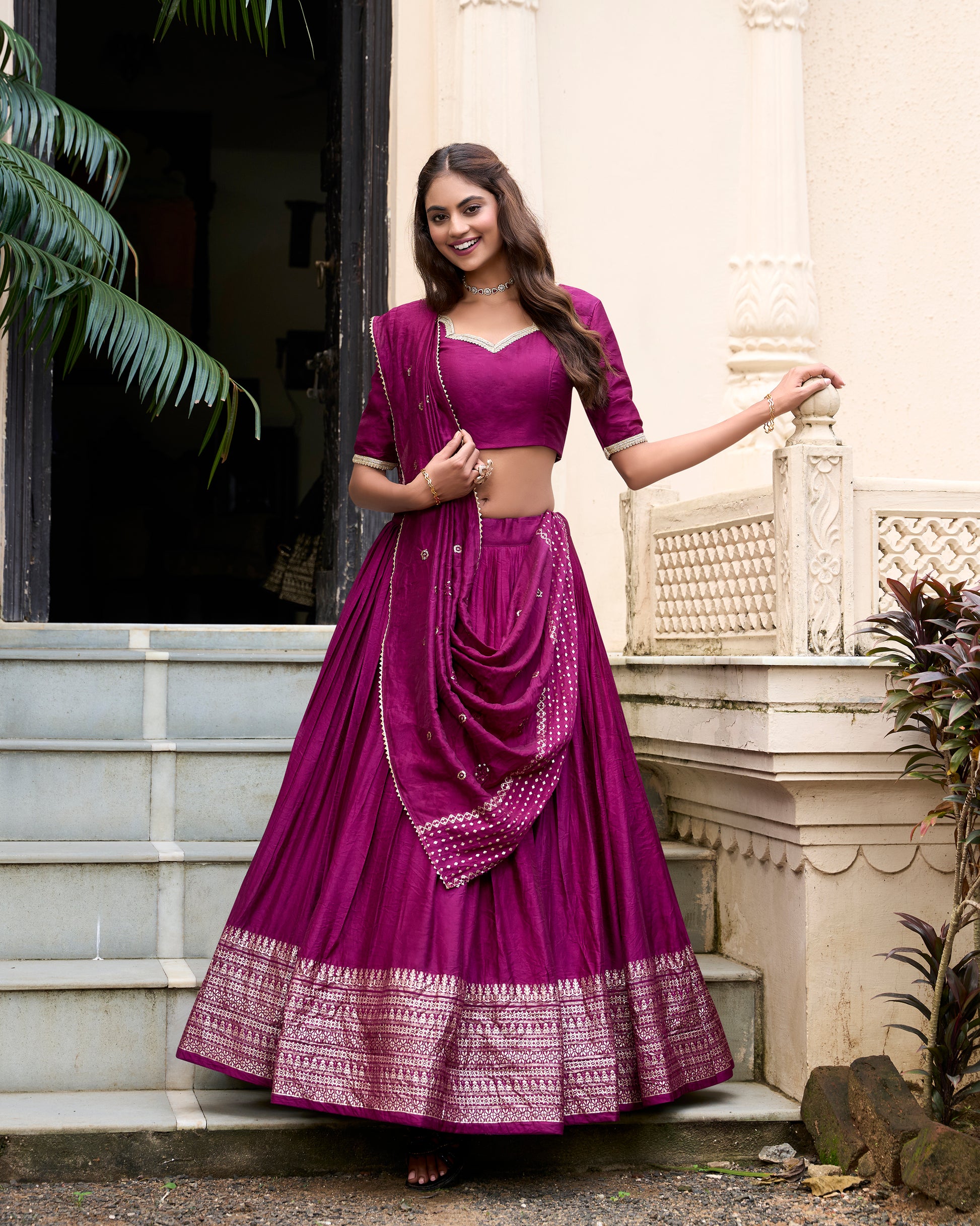 Doli - Plain With Weaving And Intricate Zari Work Border Wine Lehenga Choli - JMS Studio