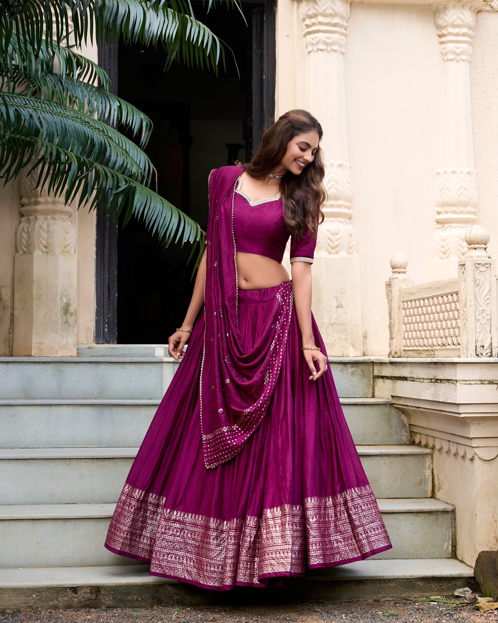 Doli - Plain With Weaving And Intricate Zari Work Border Wine Lehenga Choli - JMS Studio