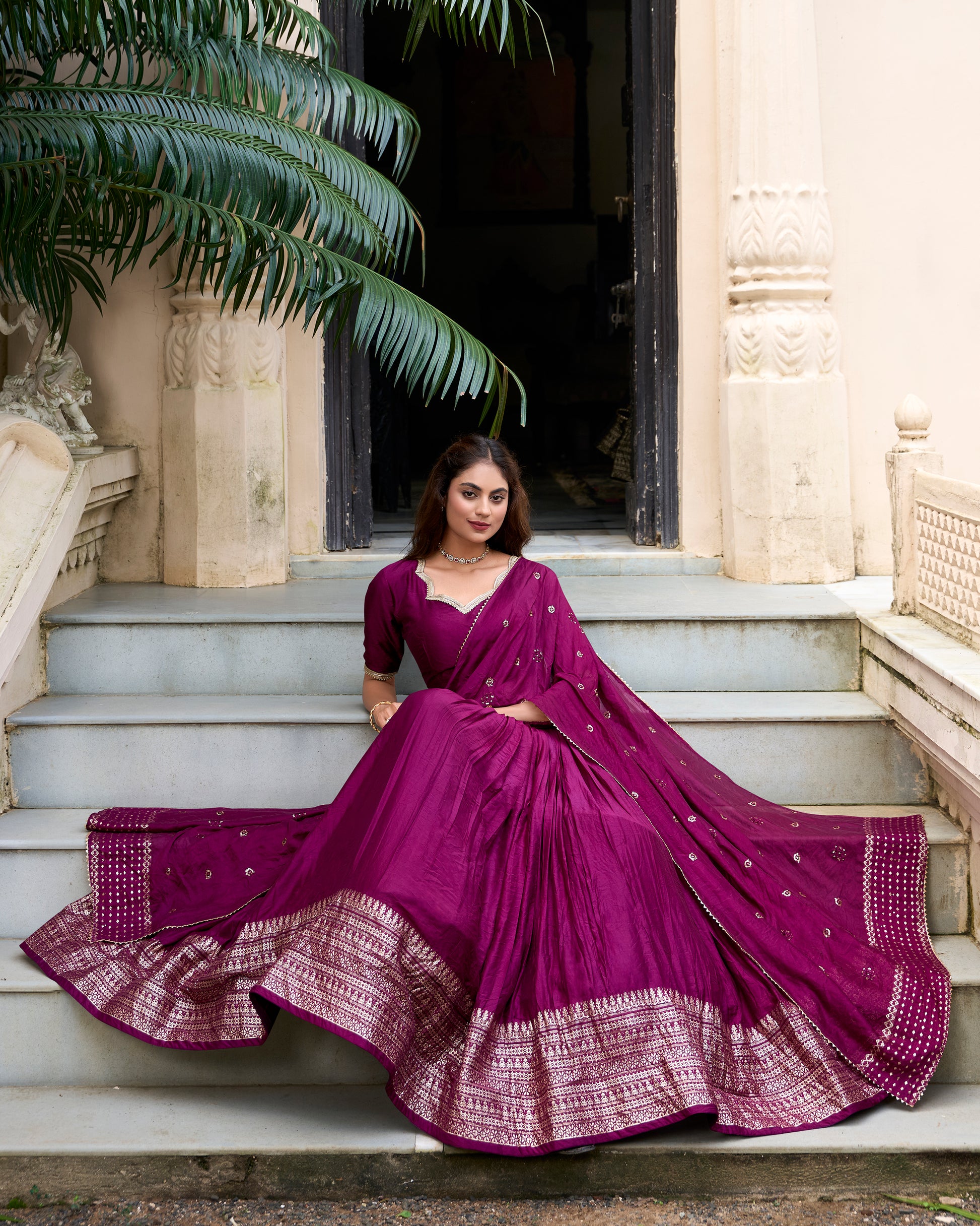 Doli - Plain With Weaving And Intricate Zari Work Border Wine Lehenga Choli - JMS Studio