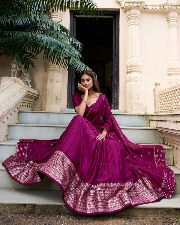 Doli - Plain With Weaving And Intricate Zari Work Border Wine Lehenga Choli - JMS Studio