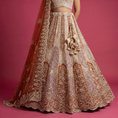 Bridal lehenga skirt with rust orange and ivory paisley cutdana trim, full flare