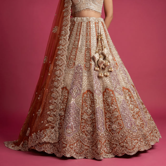 Bridal lehenga skirt with rust orange and ivory paisley cutdana trim, full flare