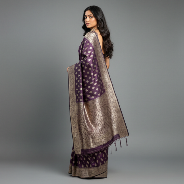 Purple woven Kanjivaram-style saree with gold zari border and diamond motifs