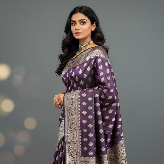 Purple saree with gold zari pallu border, woven texture, and small diamond motifs